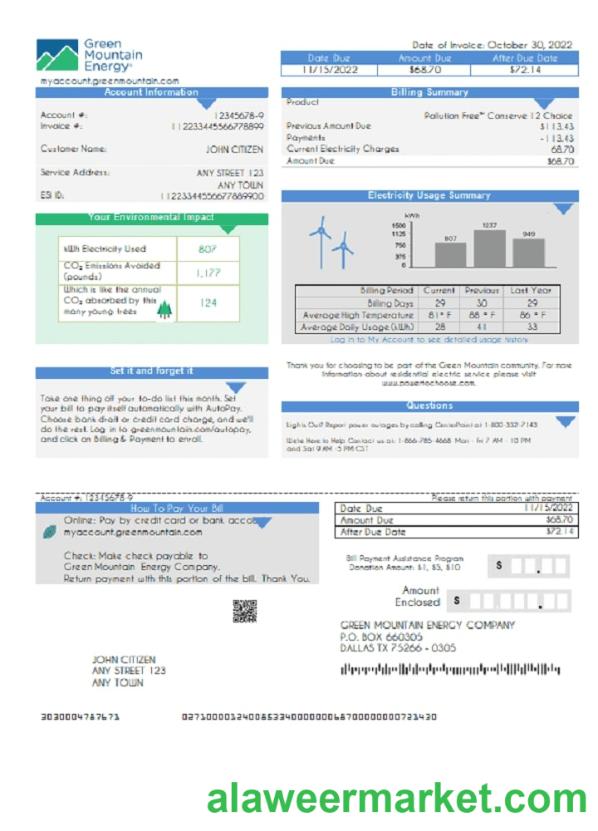 USA Green Mountain Energy utility bill template in Word and PDF format